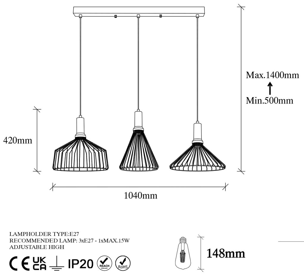 Candeeiro Chandelier Dear – Preto Antique – 104 x 34 cm