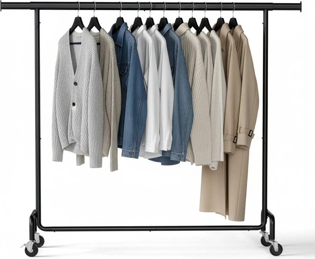 Cabide guarda roupa com rodas 45 x (160-200) x 162,9 cm, barra extensível, capacidade de carga até 110 kg preto