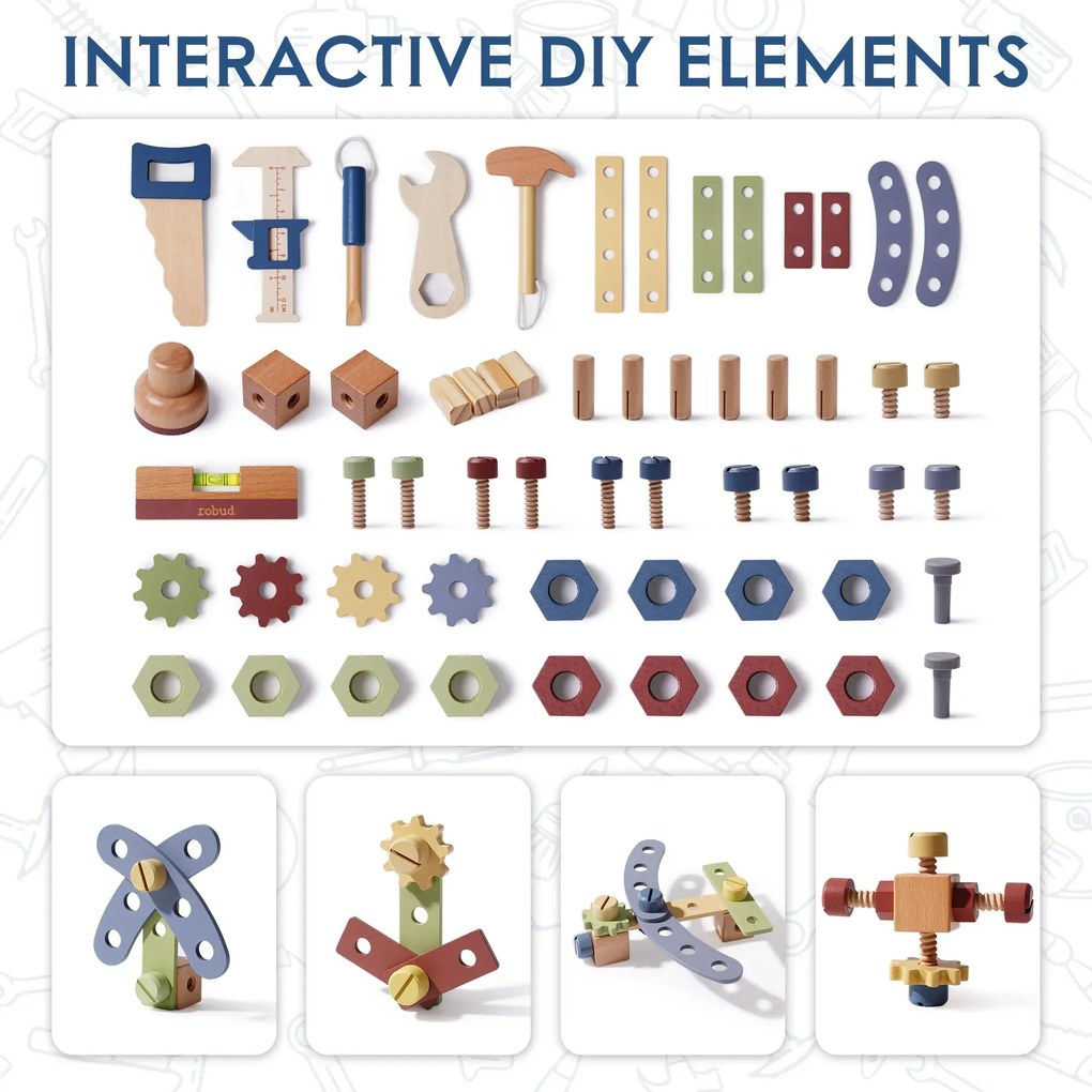 Bancada de Ferramentas de Brincar de Madeira com ferramentas 54 x 76 x 28 cm Azul Nebuloso