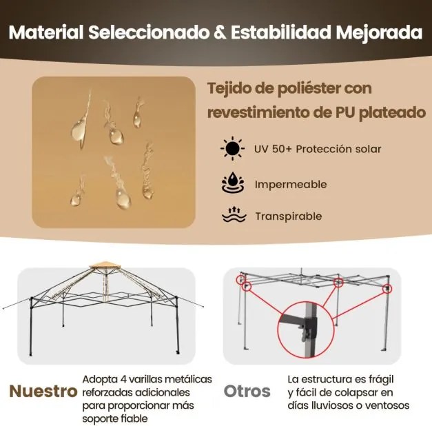 Pergula dobrável 4 x 4 m com redes mosquiteiras Altura ajustável Telhado duplo para jardim Cor cáqui