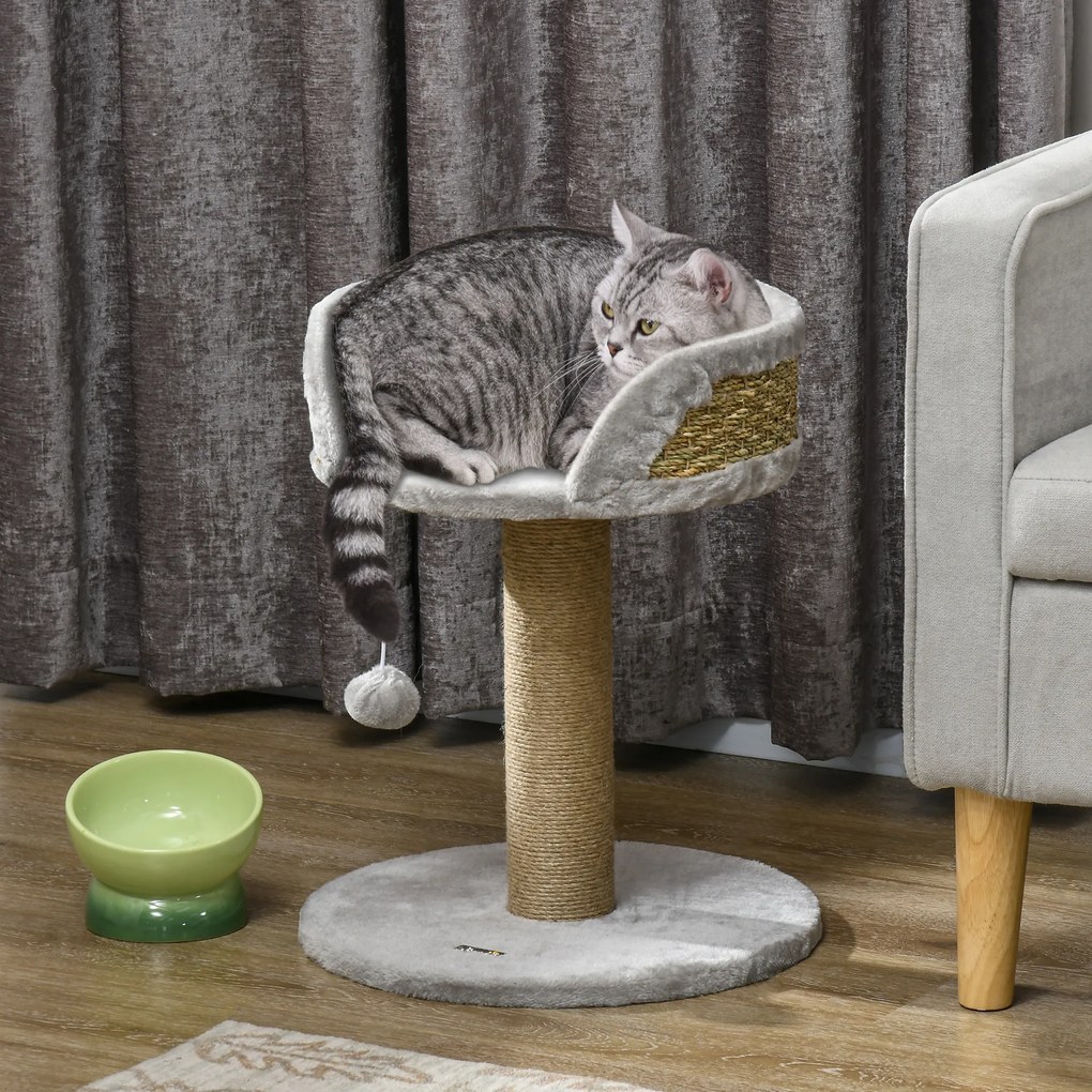 Arranhador para gatos 40 x 40 x 49 cm para trepar brinquedo com pompom suspenso + plataforma de pelúcia, juta cinzenta