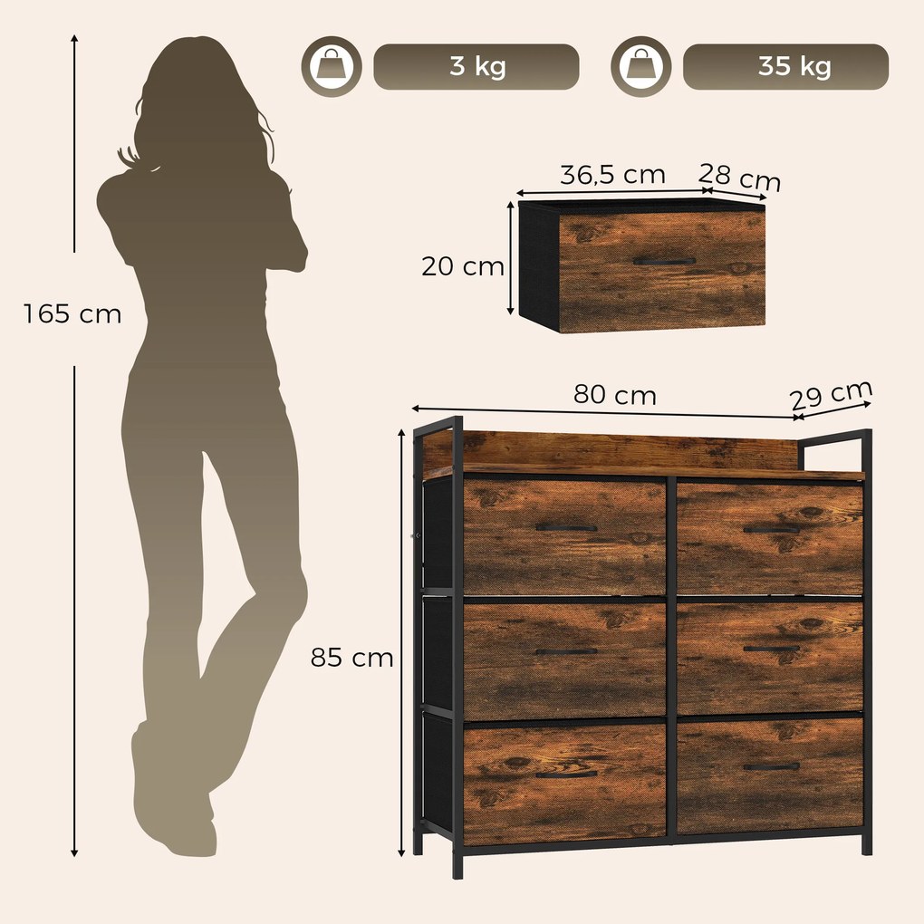 Cômoda, móvel de arrumação para quarto 6 gavetas tecido não tecido estrutura em aço, 80 x 29 x 85 cm, efeito madeira mogno