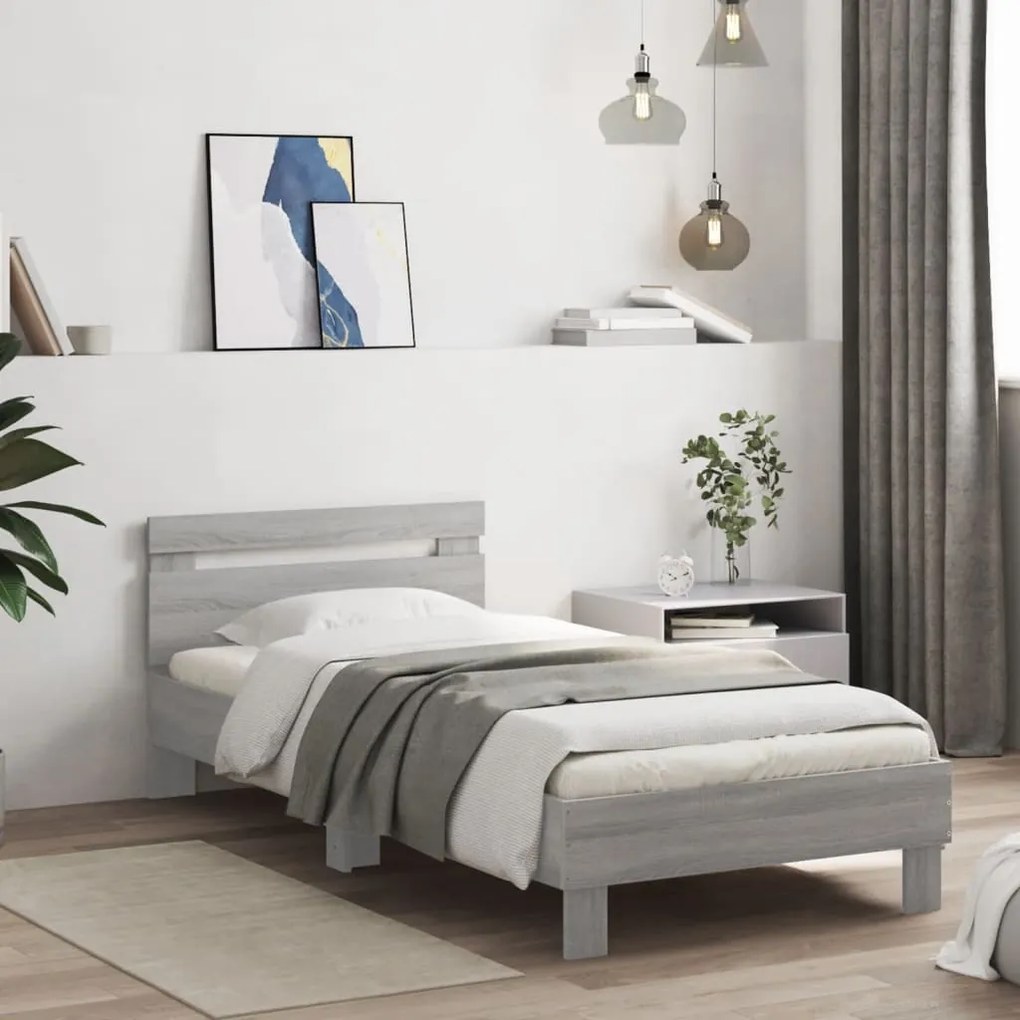 Estrutura de cama c/ cabeceira/luzes LED 90x190 cm cinza sonoma