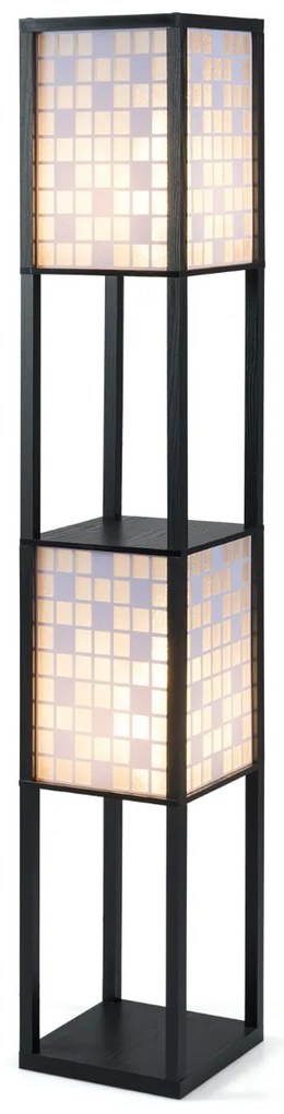 Candeeiro de pé 26 x 26 x 156 cm com 2 luzes e prateleiras de madeira com 2 abajures com padrões recortados Luz independente com puxador preto