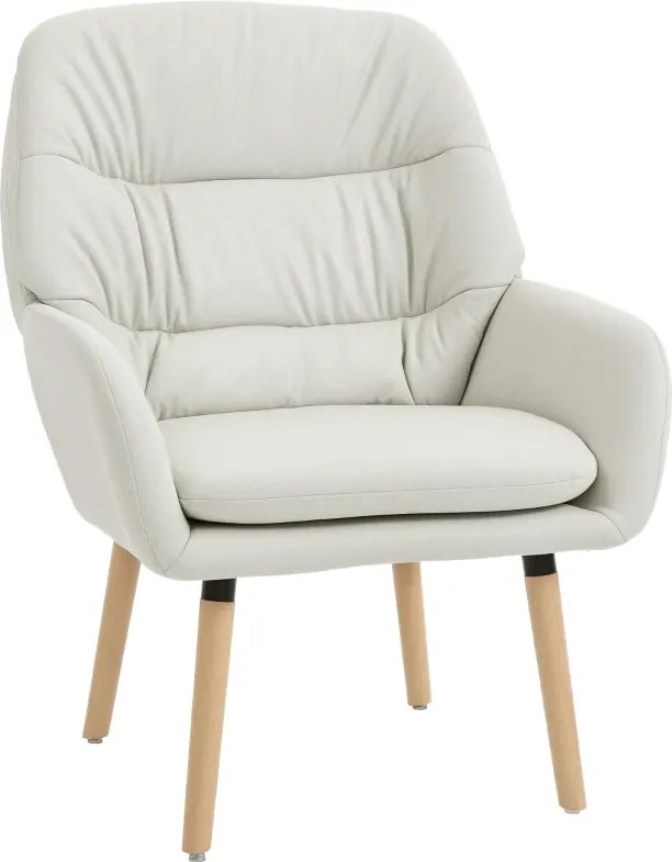 Poltrona de Sala de Estar Moderna Acolchoada de Dupla Camada Estofada em Couro Sintético Pés de Madeira 68x74x89 cm Creme