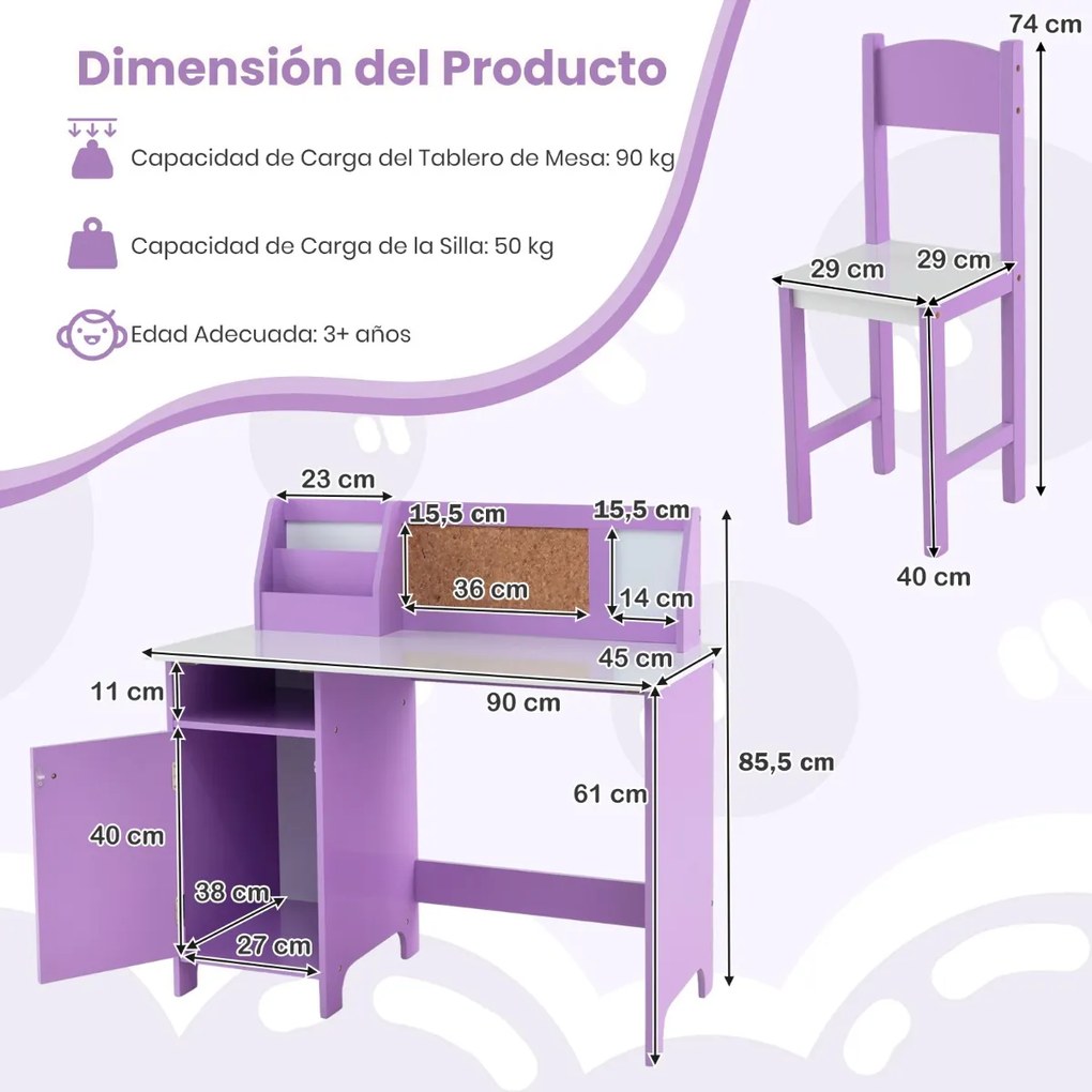 Conjunto de secretária e cadeira para crianças com quadro negro, marcador, prateleira e armário Púrpura