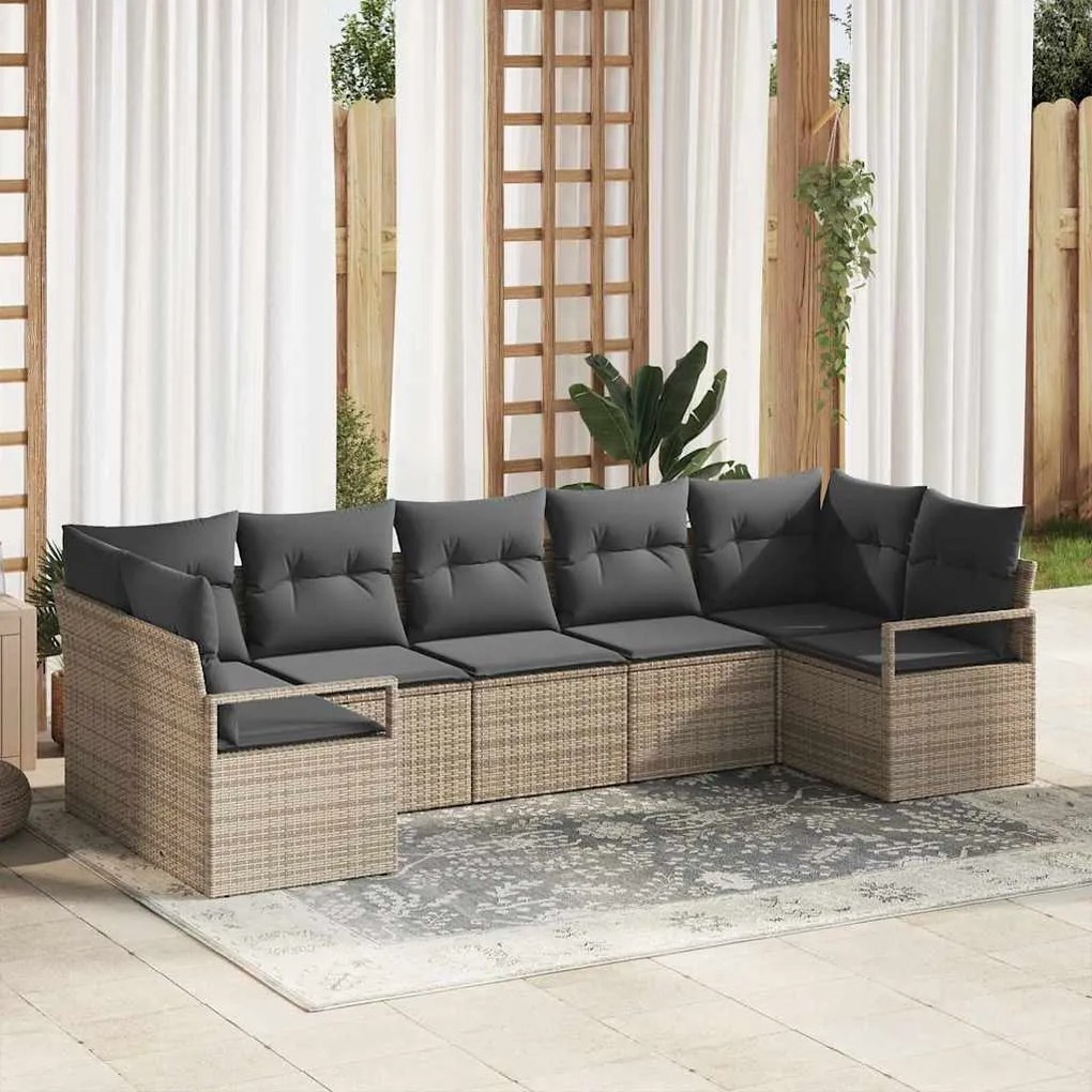 Conjunto de Sofás de Jardim com 7 peças e almofadas cinza em rattan de
