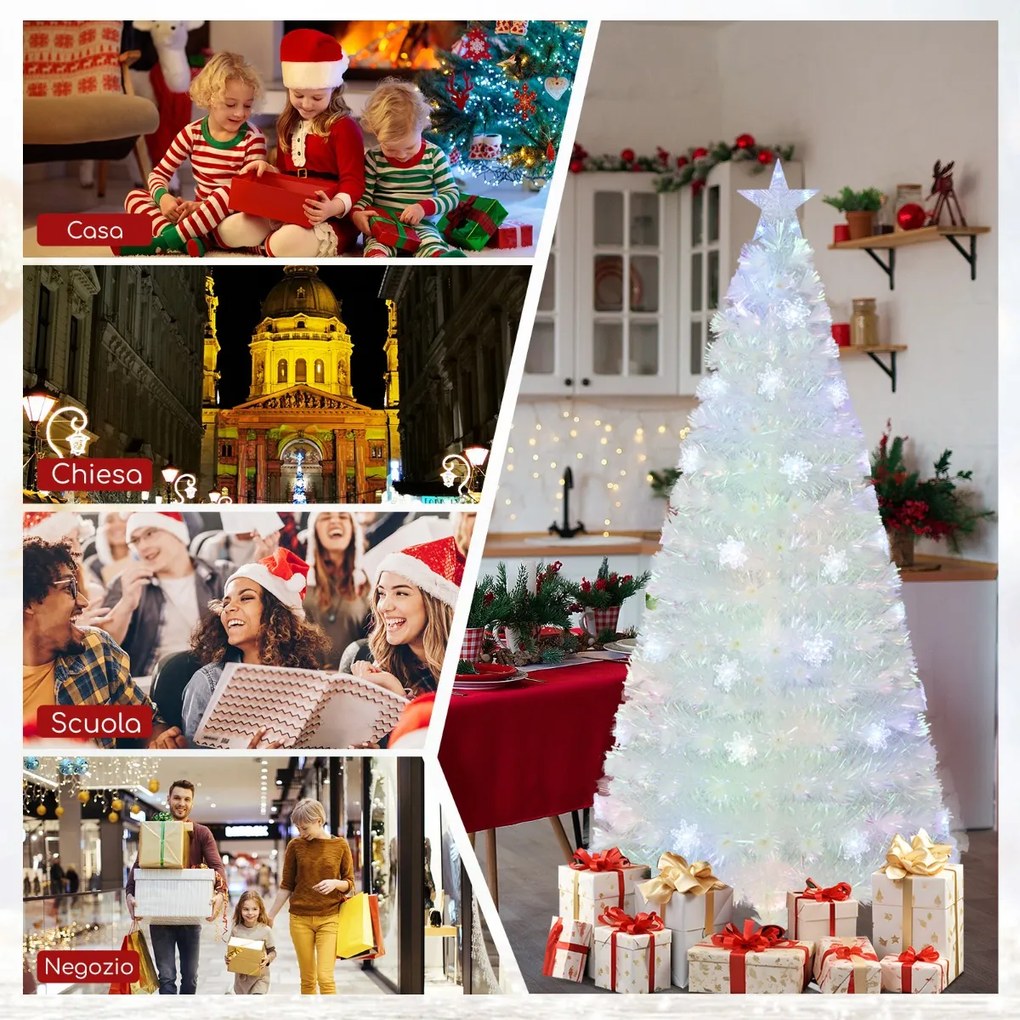 Árvore de Natal artificial de 210 cm com luzes LED coloridas, fibra óptica e topo de estrela, branco