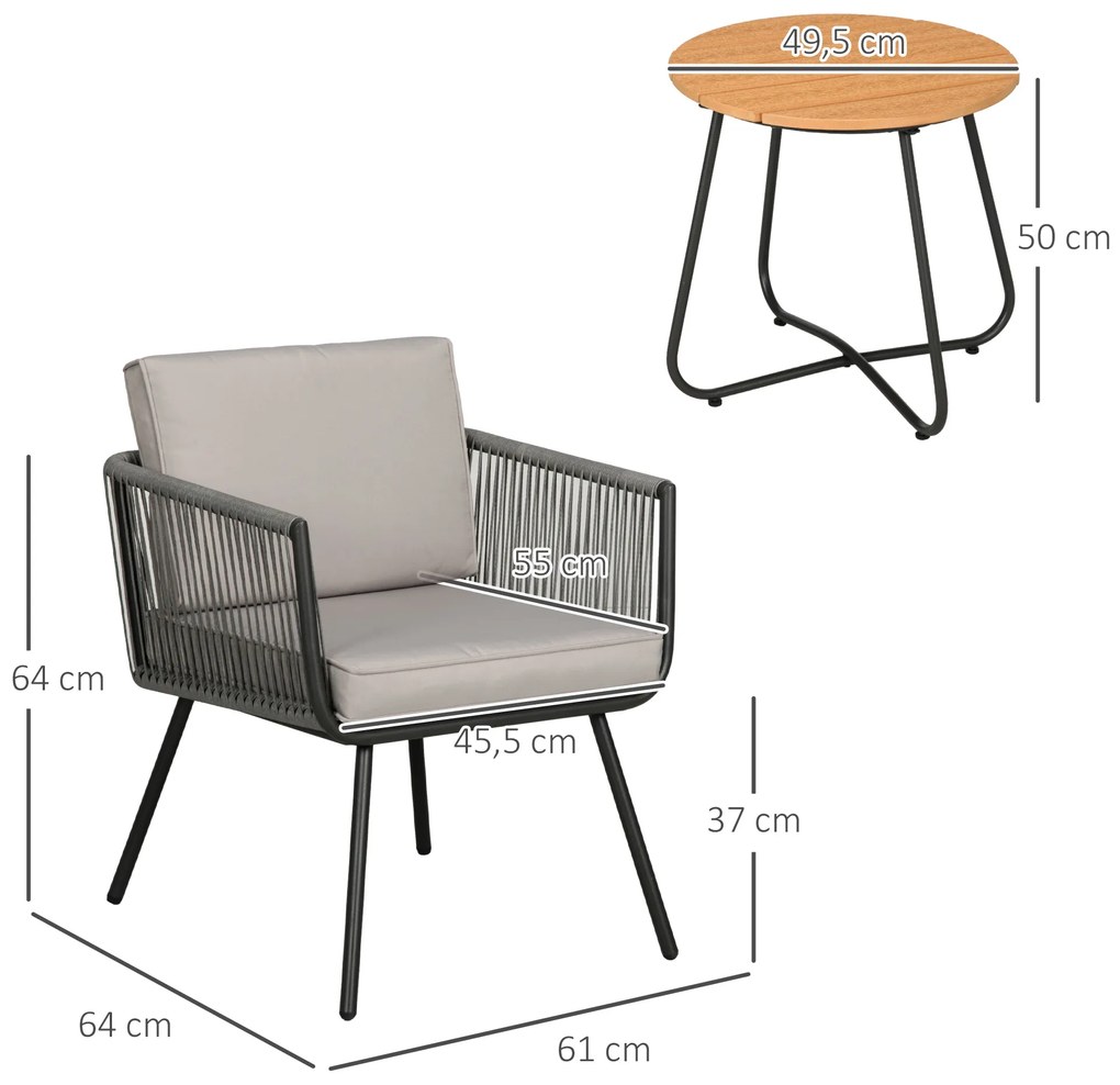 Conjunto de Móveis de Jardim de Vime 3 Peças Incluí 1 Mesa de Centro e 2 Poltronas com Almofadas Acolchoadas Cinzento