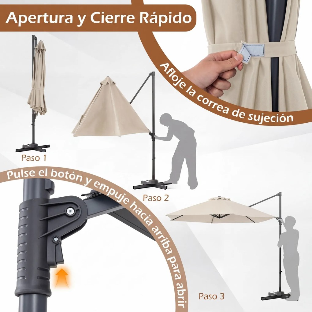 Guarda-Sol Suspenso (BASE NÃO INCLUIDA), 292 x 292 x 240 cm, Rotação de 360°, Bege