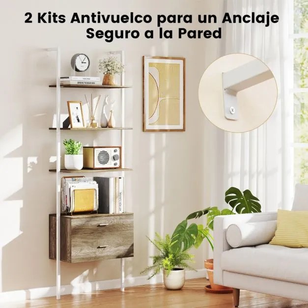 Estante de parede forma de escada com 2 gavetas com estrutura metálica Estante aberta de exposição 60 x 30 x 184 cm Branca