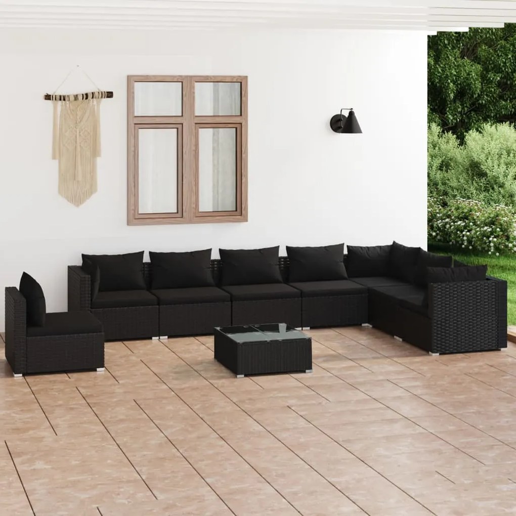 vidaXL 9 pcs conjunto lounge de jardim c/ almofadões vime PE preto