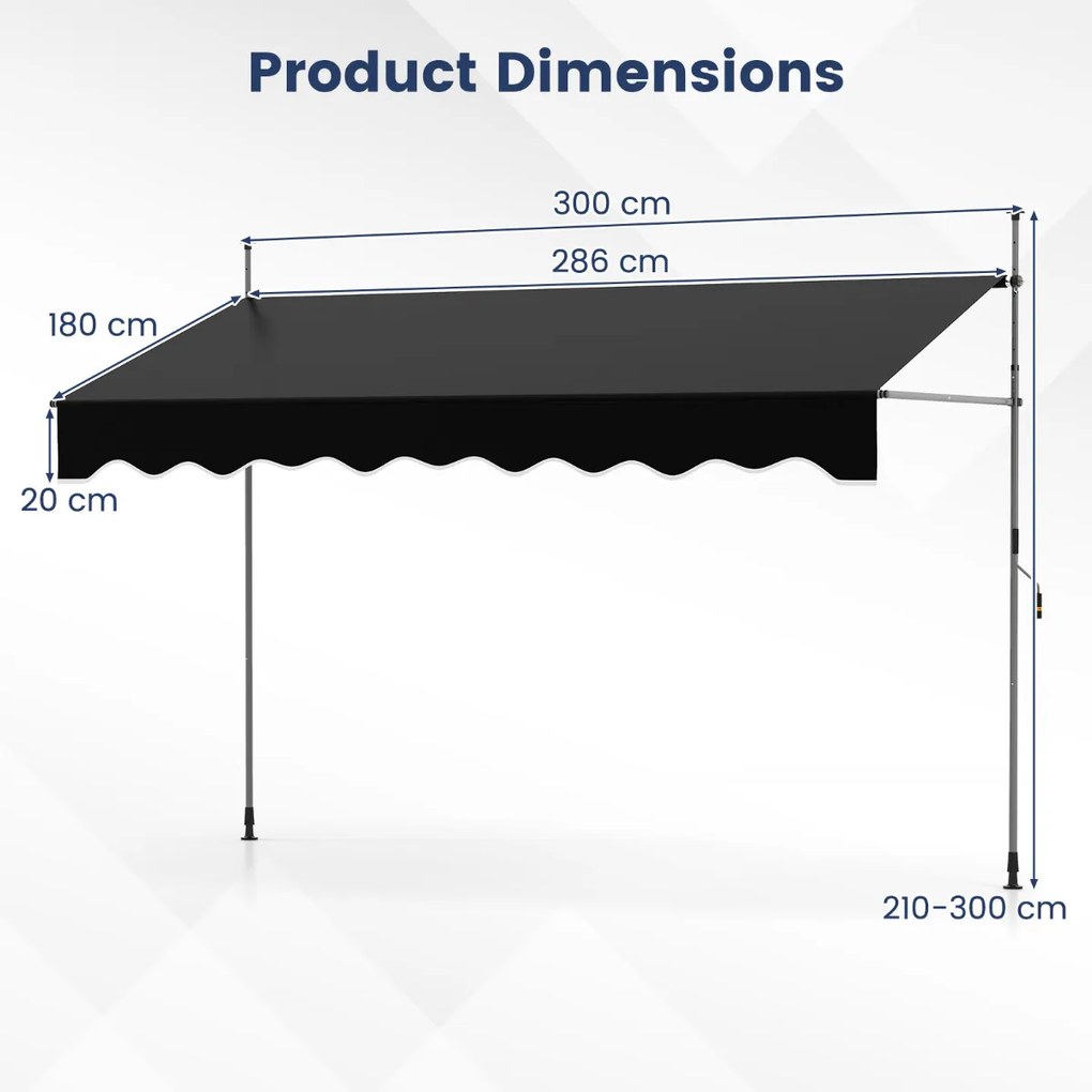 Toldo retrátil manual 3 m x 180 cm Sombra exterior ajustável sem perfuração com manivela para pátio, varanda, jardim Preto