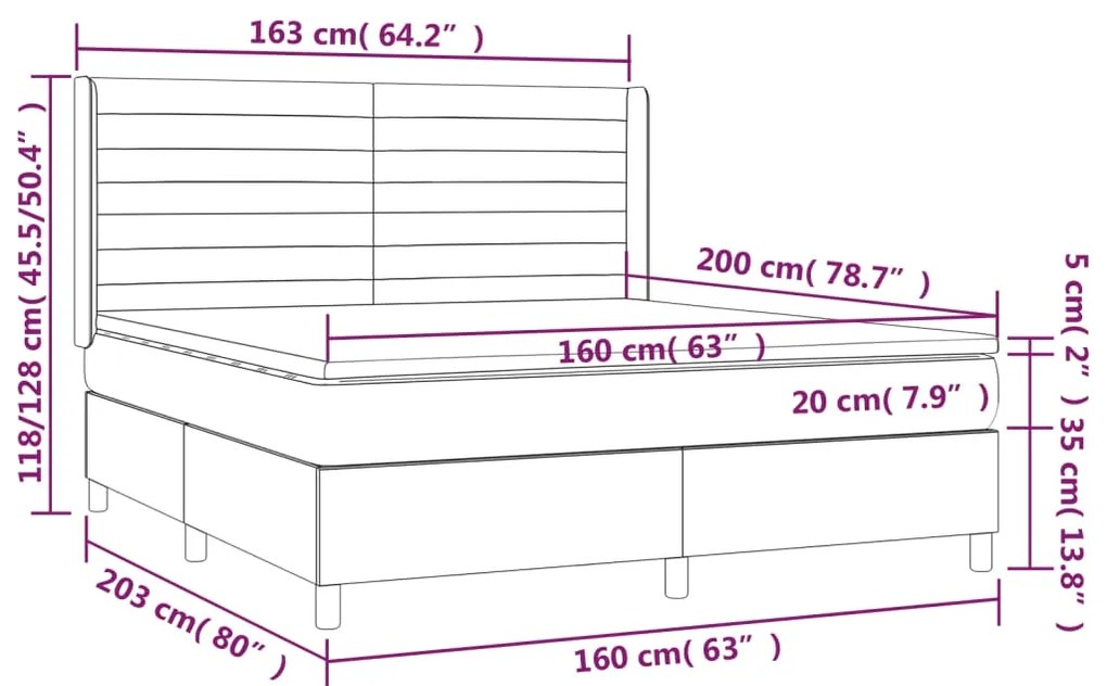 Cama box spring c/ colchão/LED 160x200cm veludo cinzento-escuro