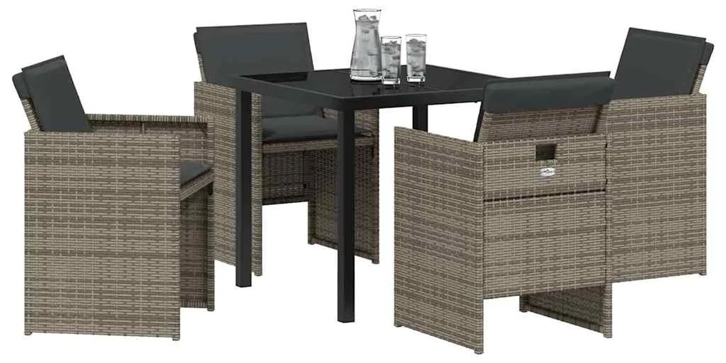 Conjunto de Jantar de Jardim de 5 Peças com Almofadas Cinza em Rattan