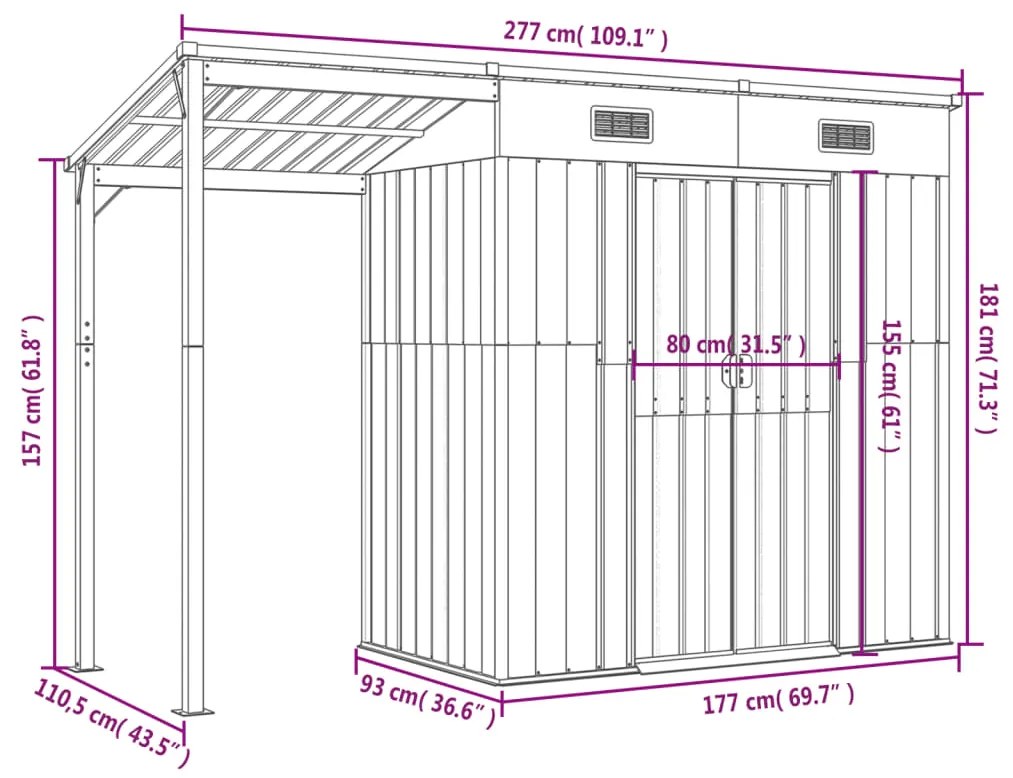 Abrigo de jardim com alpendre 277x110,5x181 cm aço cinza-claro