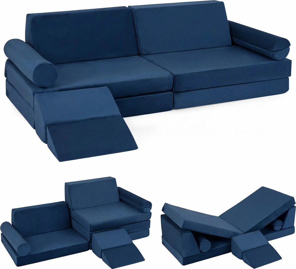Sofá infantil modular de 10 peças 151 x 99 x 44 cm dobrável, com felpa macia e espuma elástica; capas com fechos de correr, laváveis na máquina, para