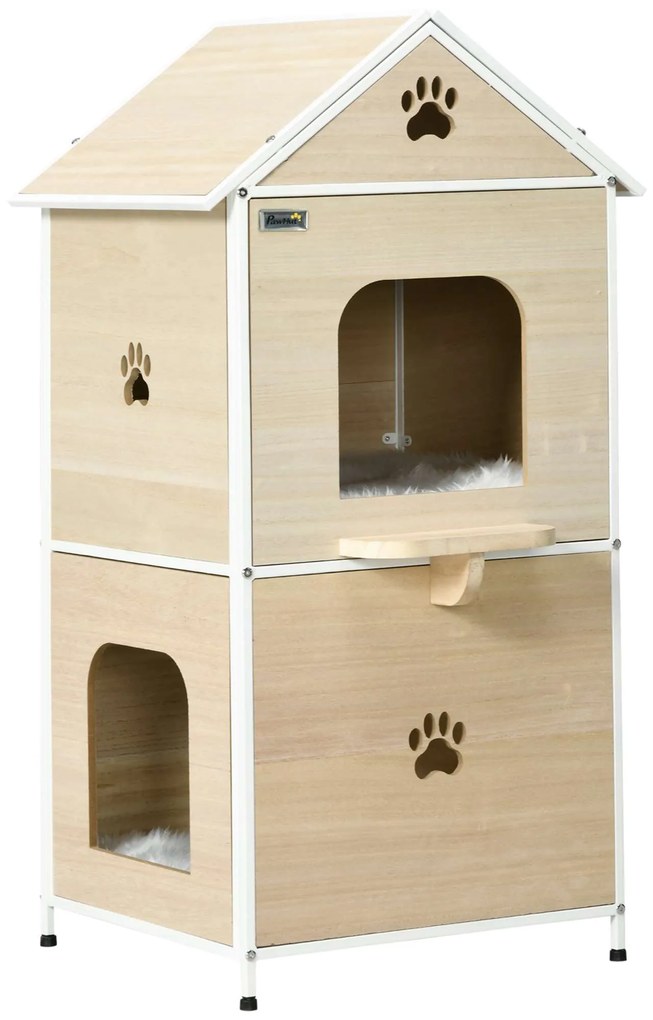 PawHut Casa para Gatos com 2 Níveis Estilo Cabana com 2 Almofadas Laváveis e Plataforma Lateral 47x40x90 cm Madeira e Branco