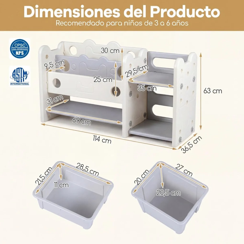 Organizador de brinquedos 2 em 1 com estante de 4 caixas e 3 prateleiras 114 x 36,5 x 63 cm, com tema de gatos, para quarto, sala de estar ou quarto d