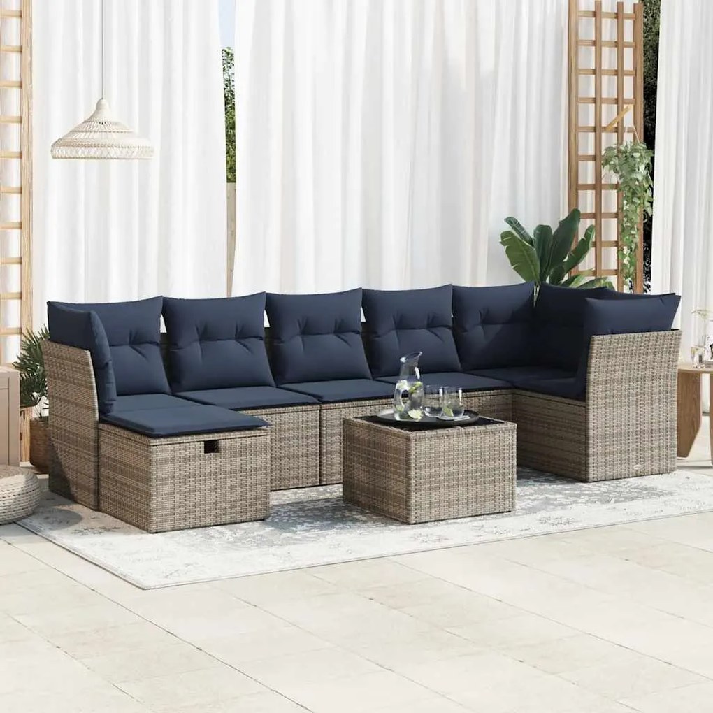 8 pcs conjunto sofás de jardim c/ almofadões vime PE cinzento