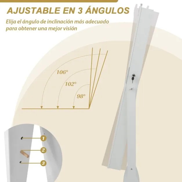 Armário organizador de jóias com Espelho fechadura e 3 posições ajustáveis 4 rodas 45 x 35 x 157 cm Branco