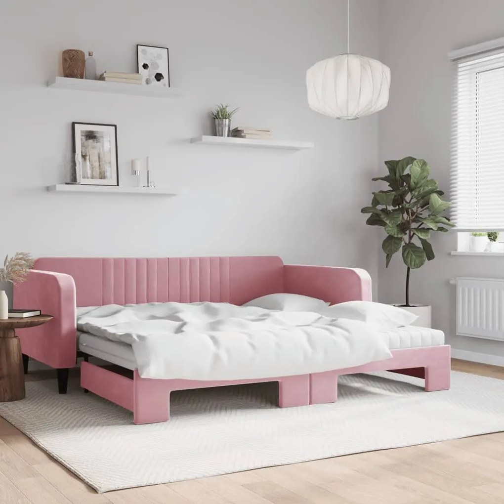 vidaXL Sofá-cama com gavetão e colchões 100x200 cm veludo rosa