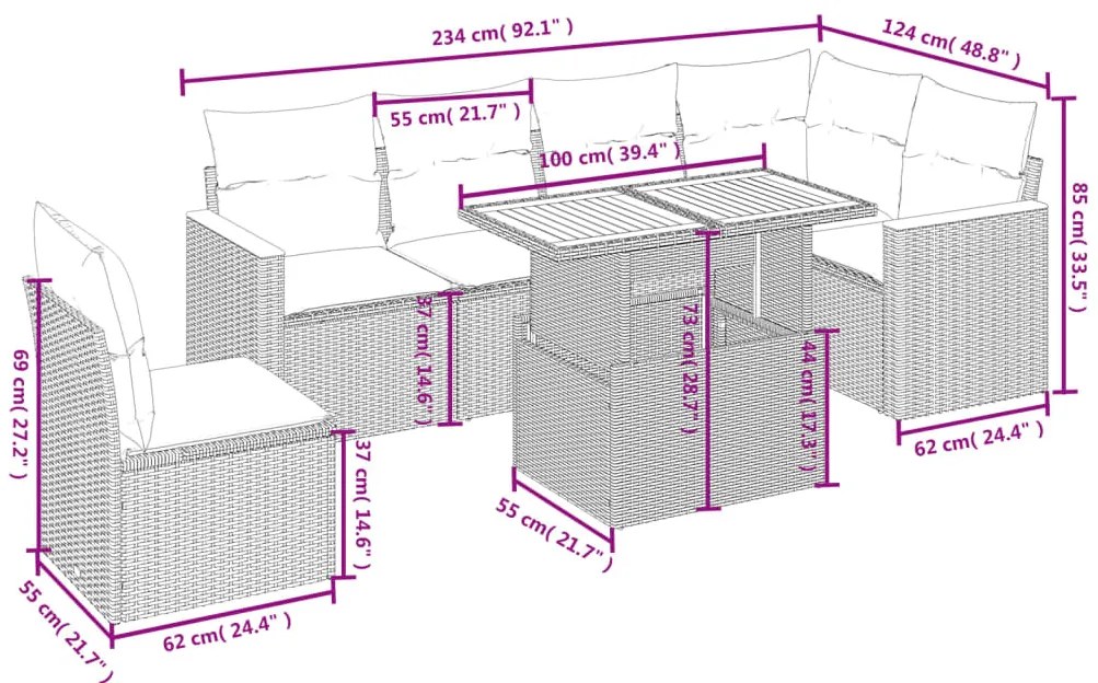 7 pcs conjunto de sofás p/ jardim com almofadões vime PE bege