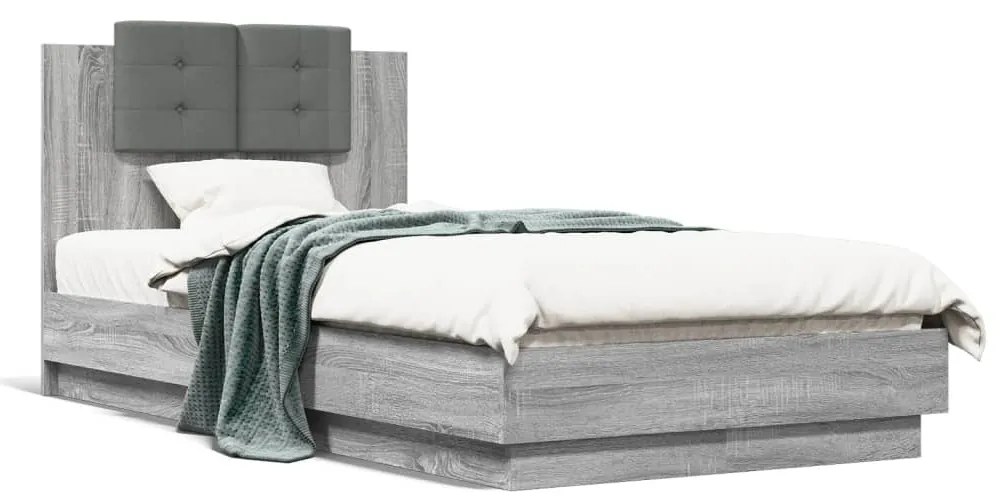 Estrutura de cama c/ cabeceira/luzes LED 90x190 cm cinza sonoma