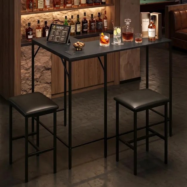 Conjunto de Mesa de Bar e 2 Cadeiras, 120 x 80 x 98 cm, Estação de Carregamento Integrada, Preto
