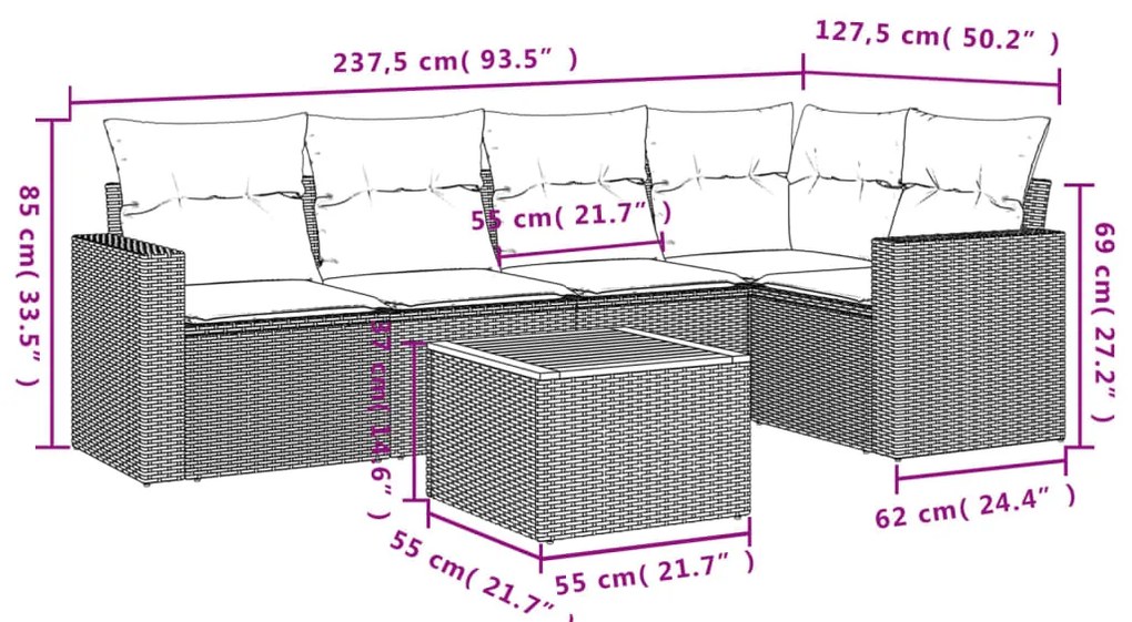6 pcs conjunto sofás de jardim c/ almofadões vime PE preto