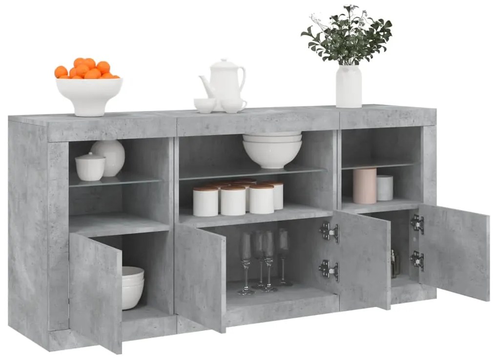 Aparador com luzes LED 142,5x37x67 cm cinzento cimento