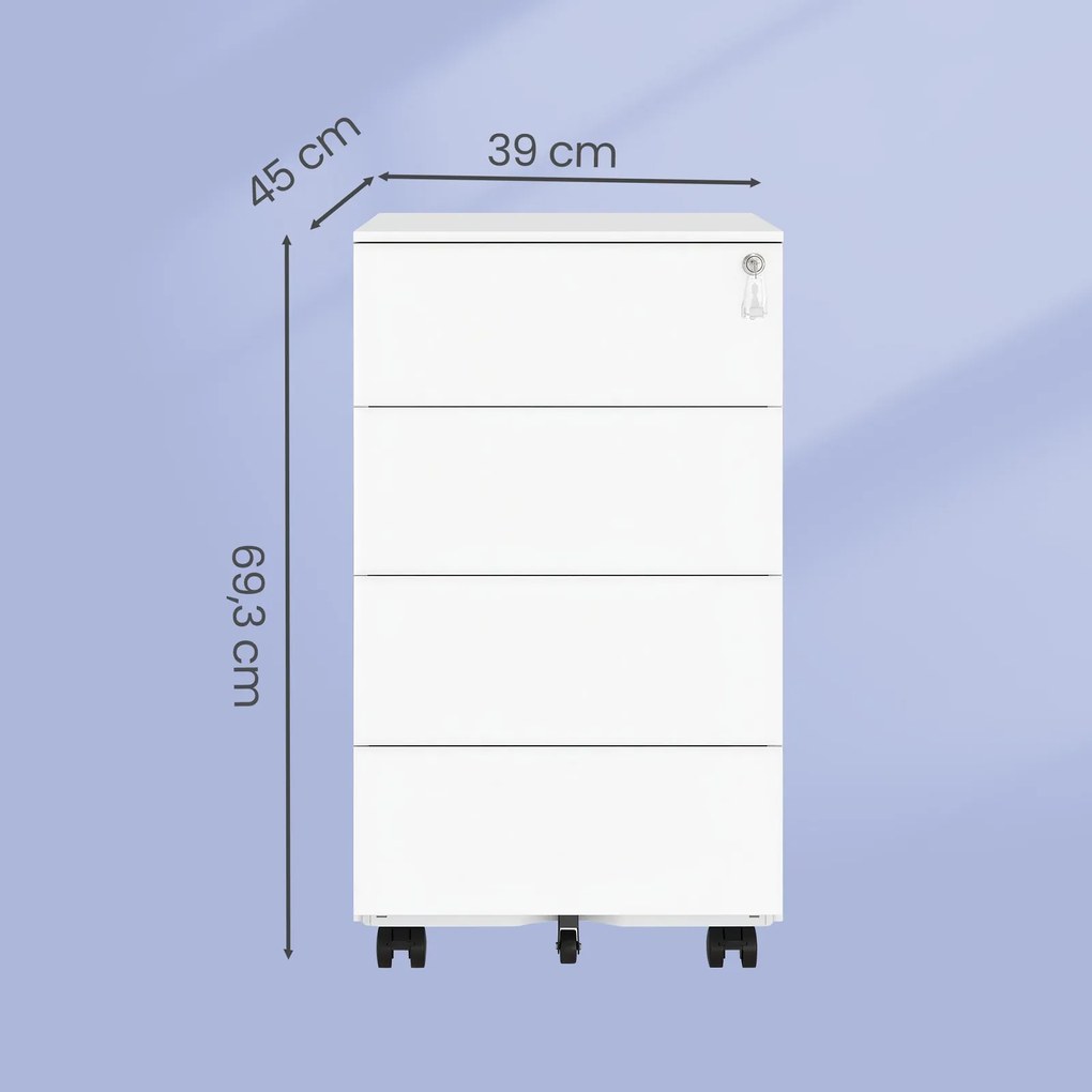 Bloco 4 gavetas para escritório 45,1 x 39 x 69,3 cm com rodas branco