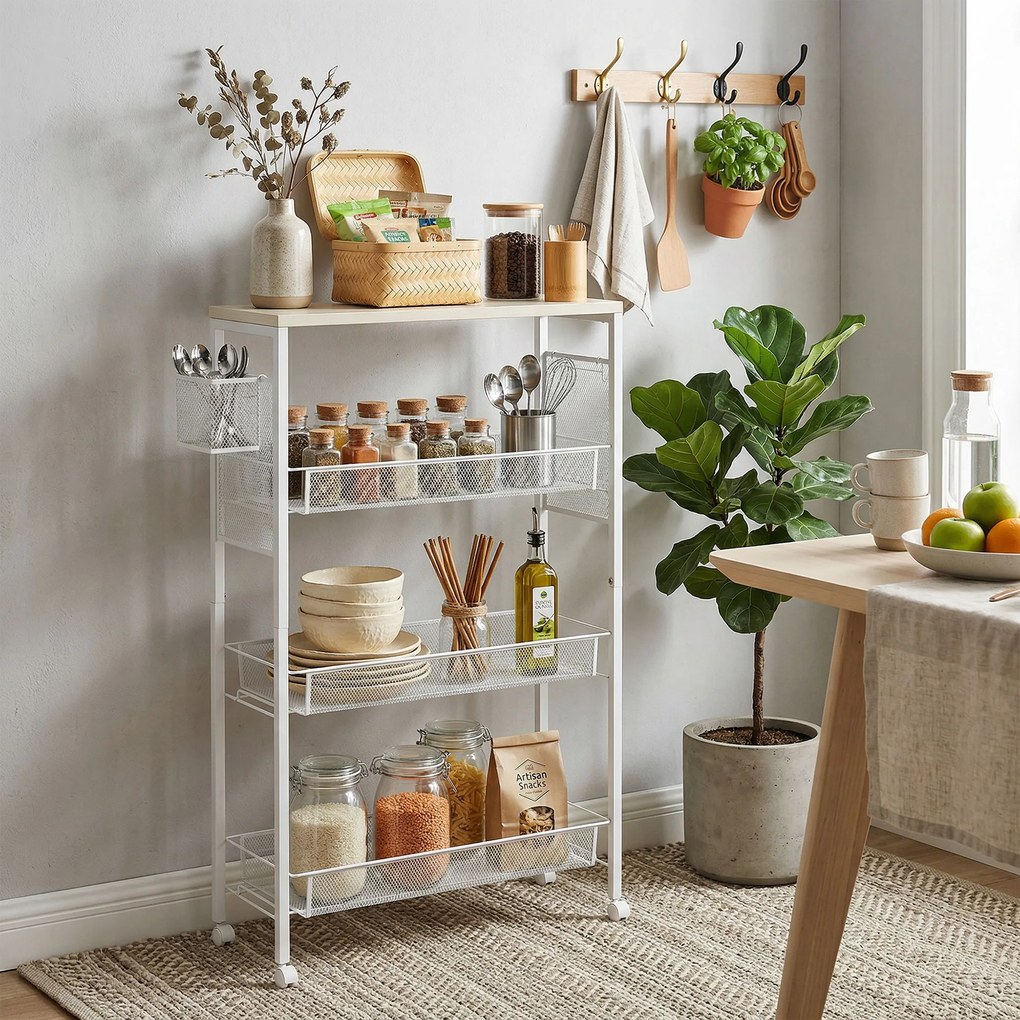 Carro de cozinha com rodas, carrinho de arrumação com 3 cestos, 1 cesto suspenso e ganchos, 58 x 18,5 x 87 cm, branco