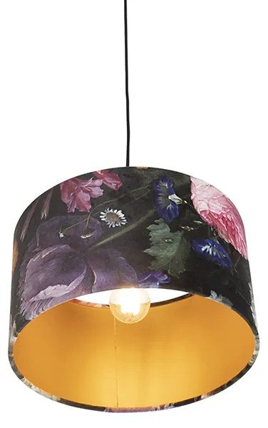 Candeeiro de suspensão com abajur de veludo flores com dourado 35 cm - Combi Clássico / Antigo