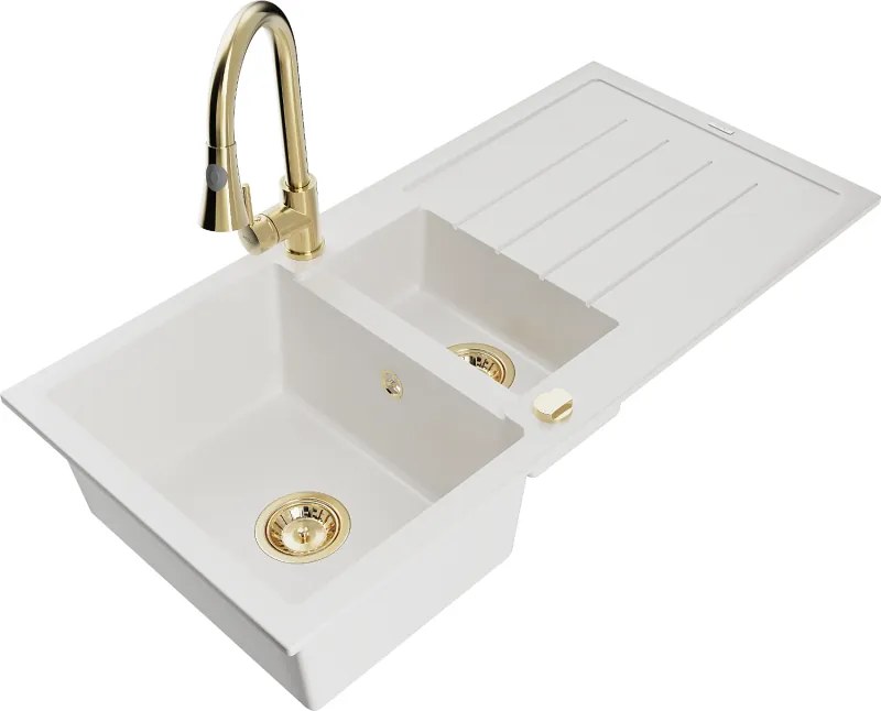 Mexen Andres lava-loiça de granito 1,5-cubas com escorredor e torneira de cozinha Elia, branco - 6515-20-670101-50