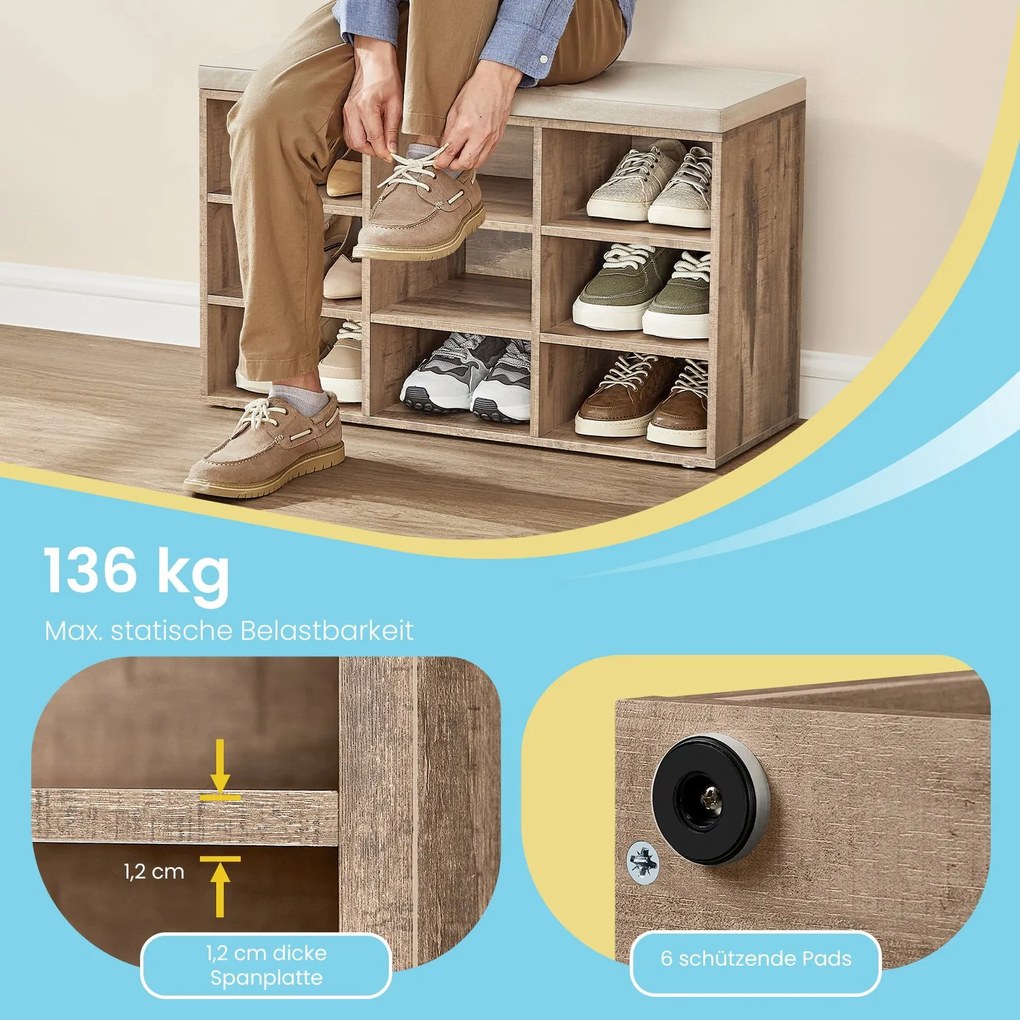 Sapateira com assento almofadado 30,4 x 78,6 x 48,1 cm castanho