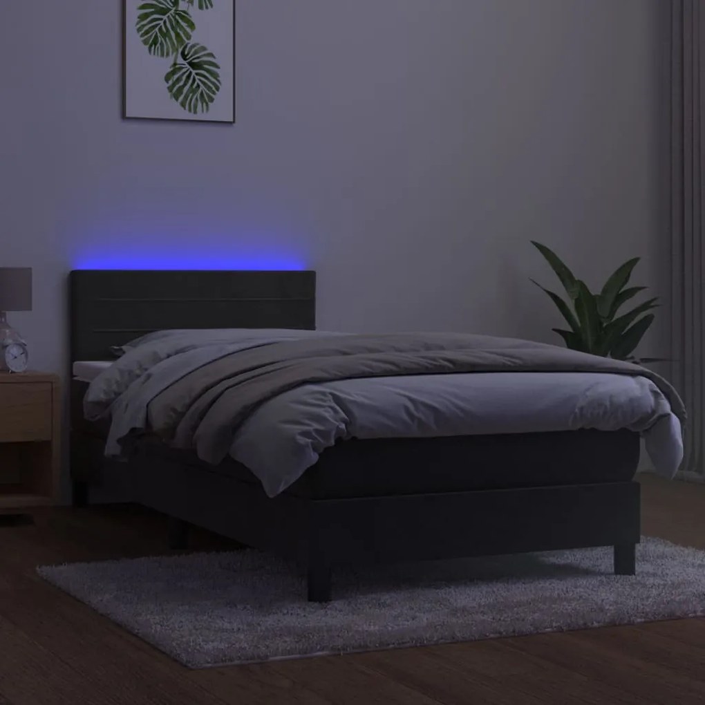 Cama box spring c/ colchão/LED 80x200 cm veludo cinzento-escuro