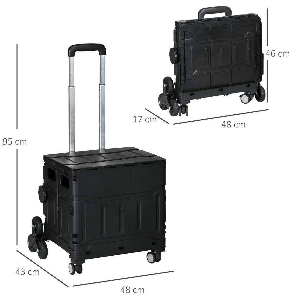 Carrinho de Armazenamento Dobrável Carrinho de Compras com 2 Rodas para Subir Escadas Capacidade 35L 48x43x95 cm Preto