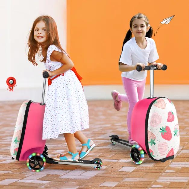 Bolsa trotinete dupla 2 em 1 para crianças 26 L com rodas iluminadas por LED rosa claro