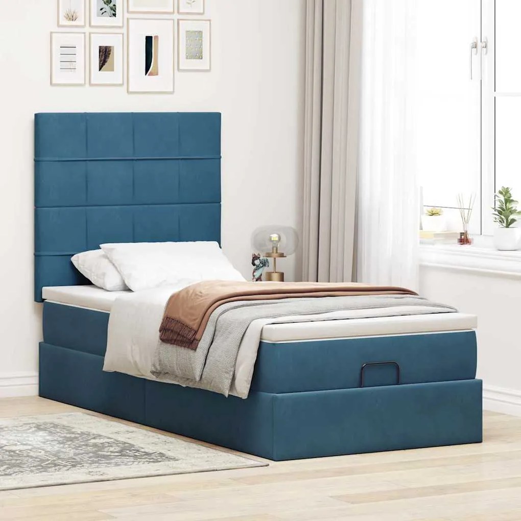 Estrutura cama otomana com colchões azul escuro 90x190cm veludo