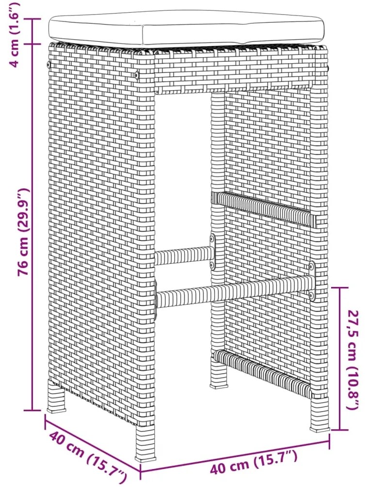 Bancos de bar p/ jardim com almofadões 6 pcs vime PE cinzento