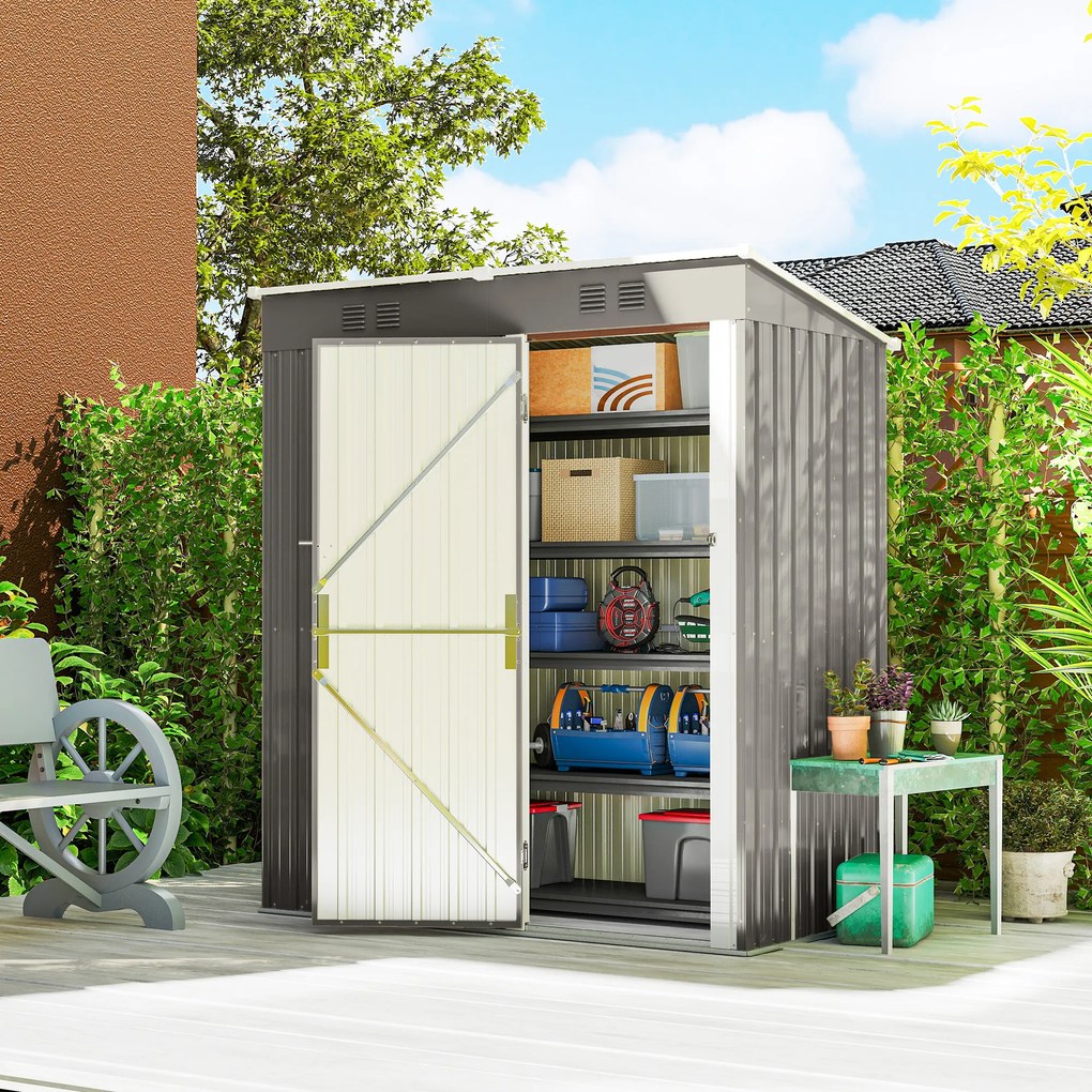 Abrigo de jardim em metal 163 x 90 x 179 cm para encostar, com 2 grelhas de ventilação e telhado inclinado com proteção UV, cinzento claro