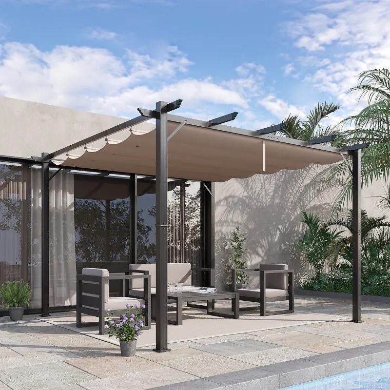Pérgola de Jardim com Toldo de Poliéster Retrátil e Estrutura de Alumínio para Exterior Pátio 3x3 m Cinza e Castanho