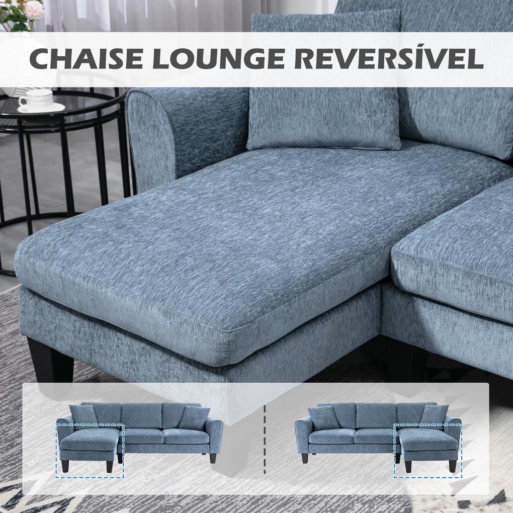 Sofá Chaise Longue Sofá de Canto Sofa Sala de Estar Reversível em Forma de L com 2 Almofadas 230x138x87 cm Cinza Azulado