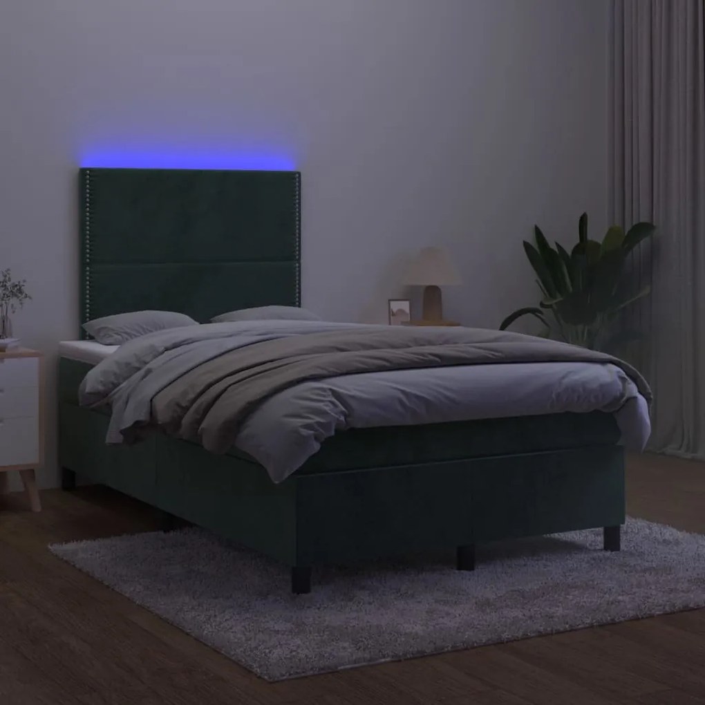 Cama box spring c/ colchão/LED 120x200 cm veludo verde-escuro