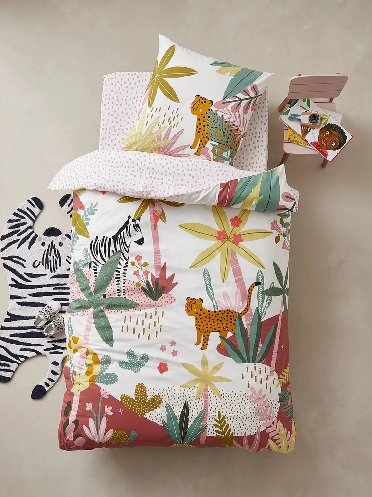 Conjunto capa de edredon + fronha de almofada para criança, tema Pink Jungle branco claro liso com motivo
