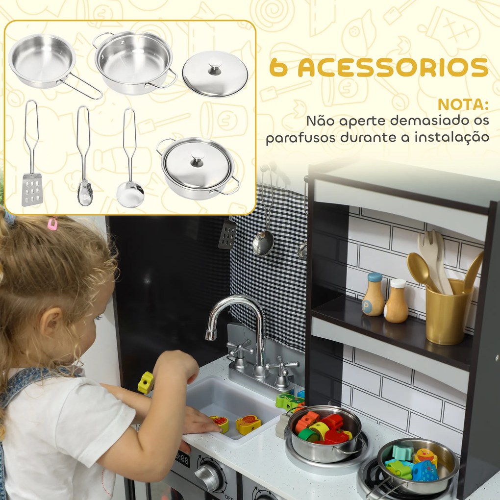 Cozinha de Madeira com Som Cozinha de Brincar Infantil com Acessórios em Aço Inoxidável Frigorífico Micro-Ondas, Lava-Loiça 81x27x79,7 cm Castanho Esc