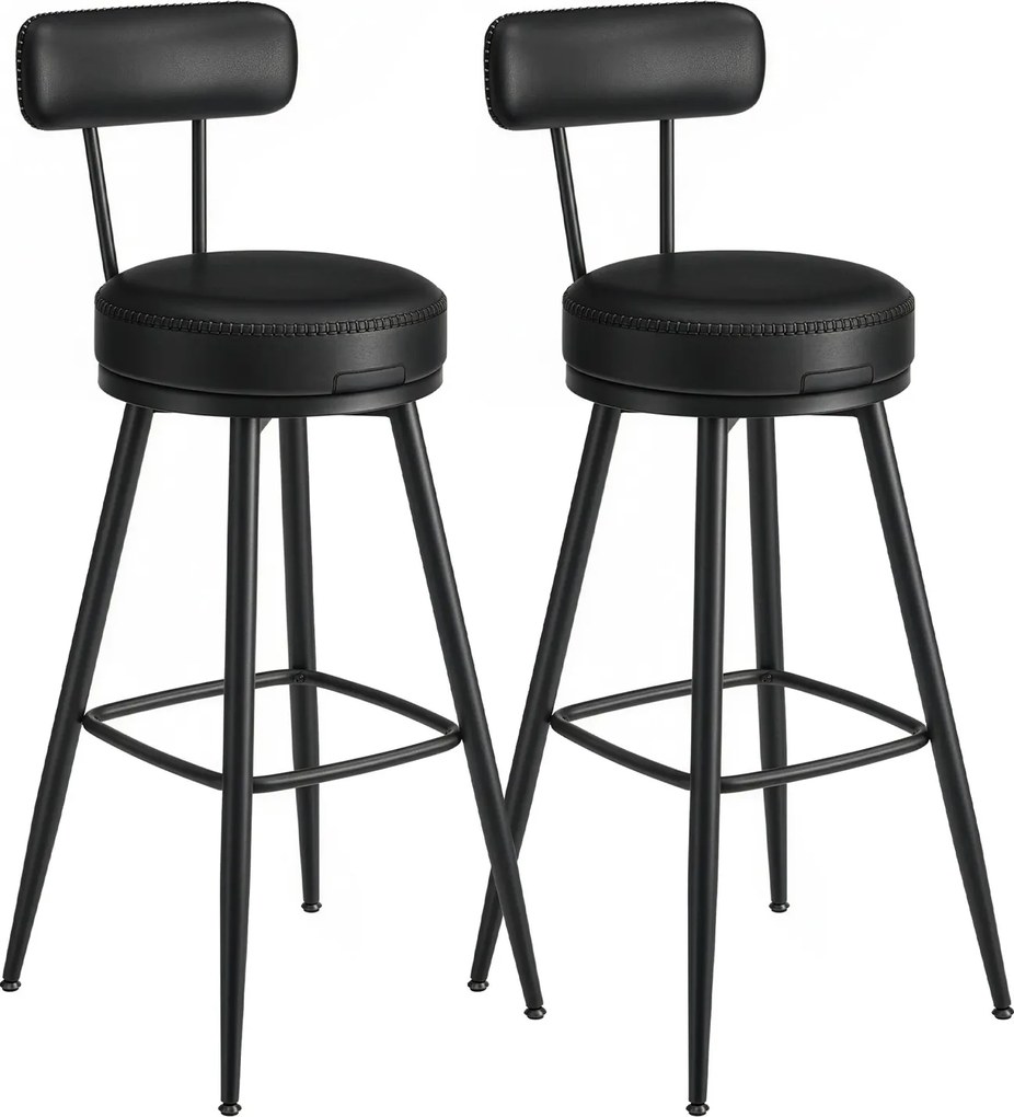 Conjunto de 2 bancos altos giratórios com encosto, couro sintético 56 x 56 x 101,5 cm preto