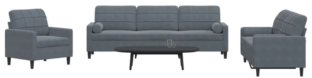 3 pcs conjunto sofás com almofadões e rolos veludo cinza-escuro