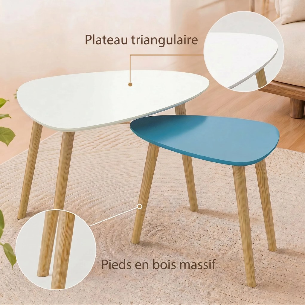 Conjunto de 2 mesas baixas encaixáveis de design escandinavo, com pés e tampo em madeira, nas cores branco e azul